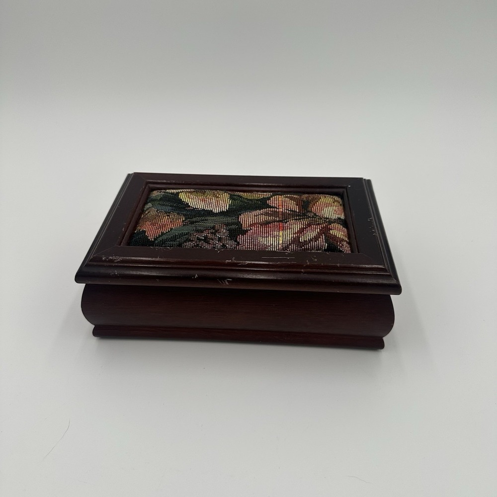 Vintage Hand Made Wood Jewelry Box, Floral Canvas With Mirror Excellent